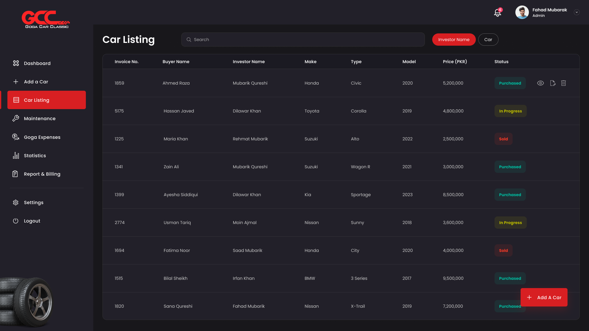 Vehicle inventory listing with prices and status