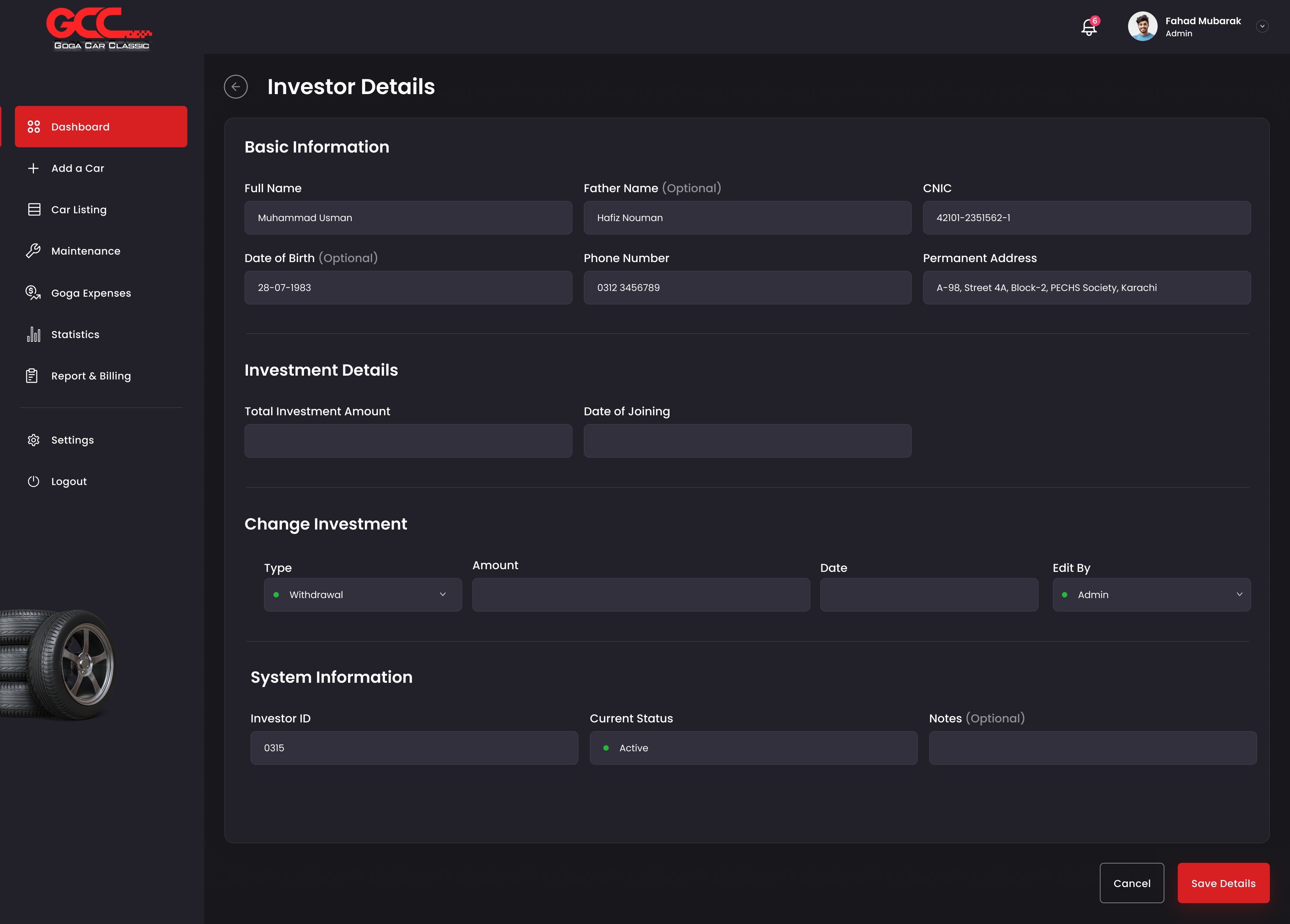 Investor details form